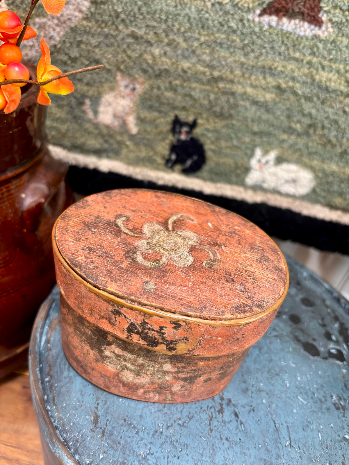 Miniature Salmon-Red Painted Pantry Box with Floral Decoration, c1850β1880