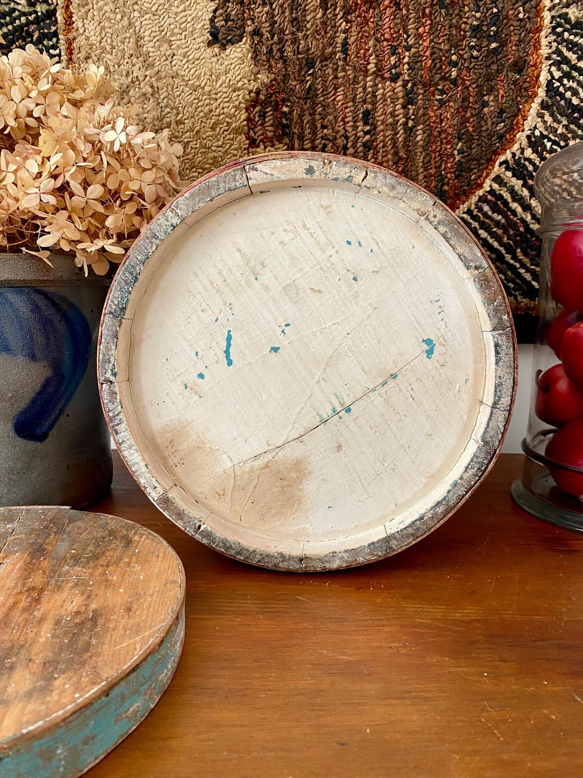 c1880s Antique Sugar Bucket Firkin in Original Red, Blue and White Paint