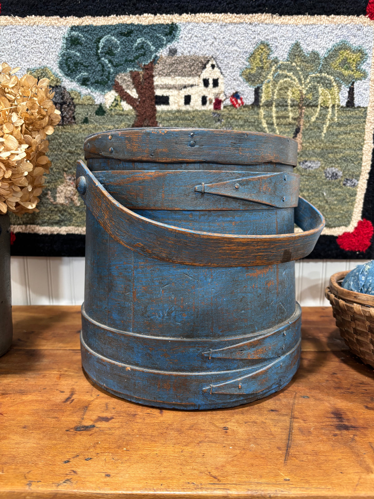 c1880-1900 Antique Firkin / Sugar Bucket in Early Blue Paint