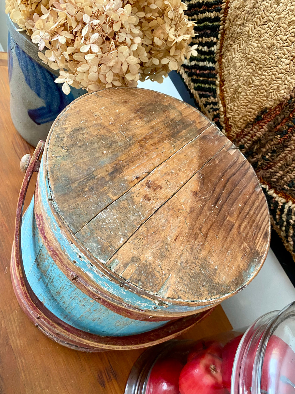 c1880s Antique Sugar Bucket Firkin in Original Red, Blue and White Paint