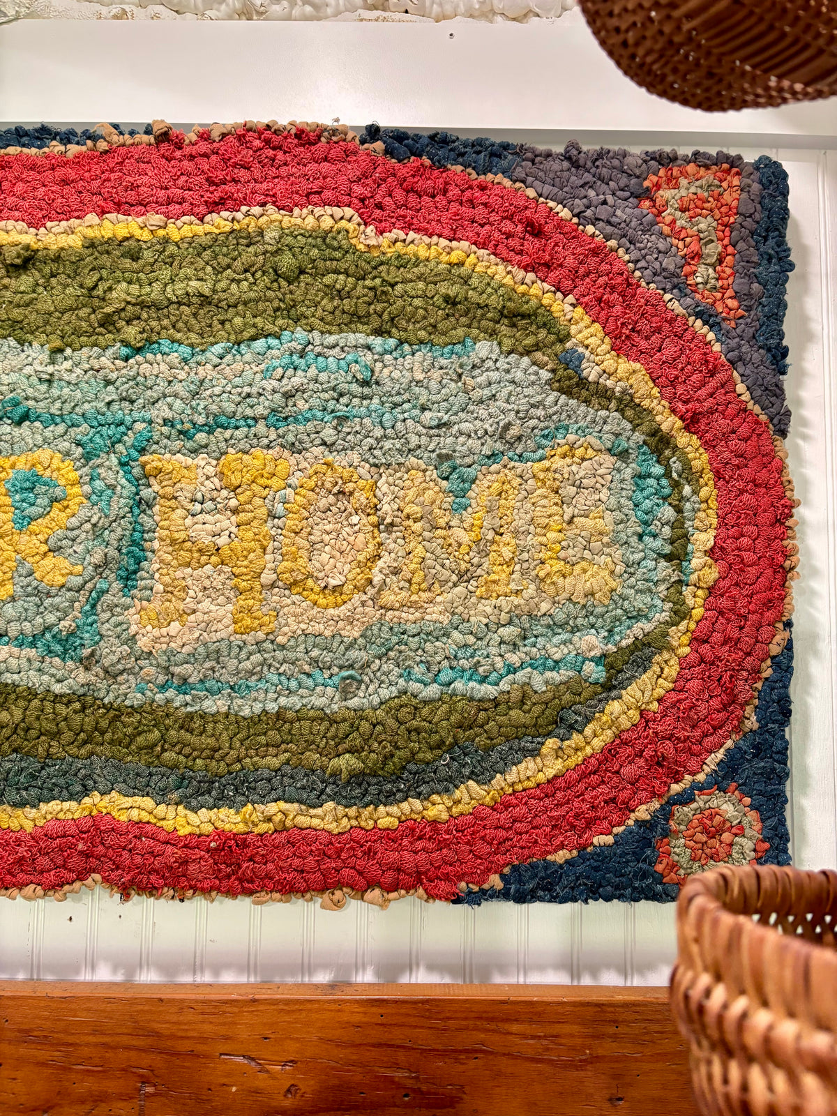 c1920s–1940s “Our Home” Mounted Vintage Hand Hooked Rug - 34 1/2” × 22 1/2”