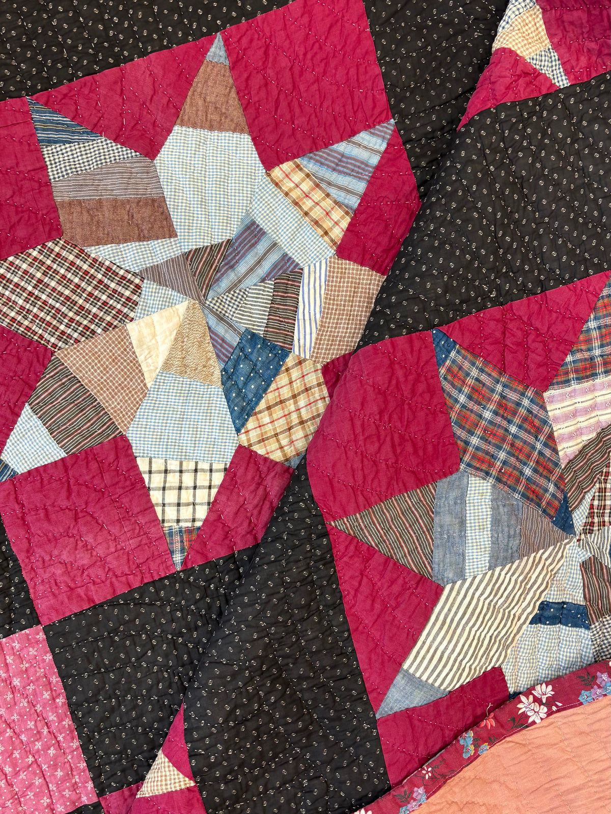Early 1900s Antique Scrappy Eight-Pointed Star Quilt - 63x83”