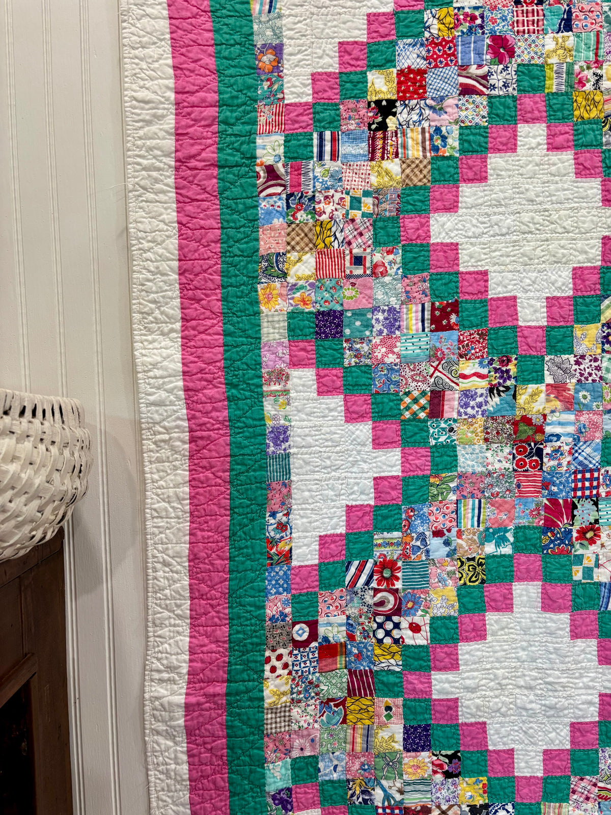 c1930-40s Vintage Postage Stamp Quilt - 71x92”