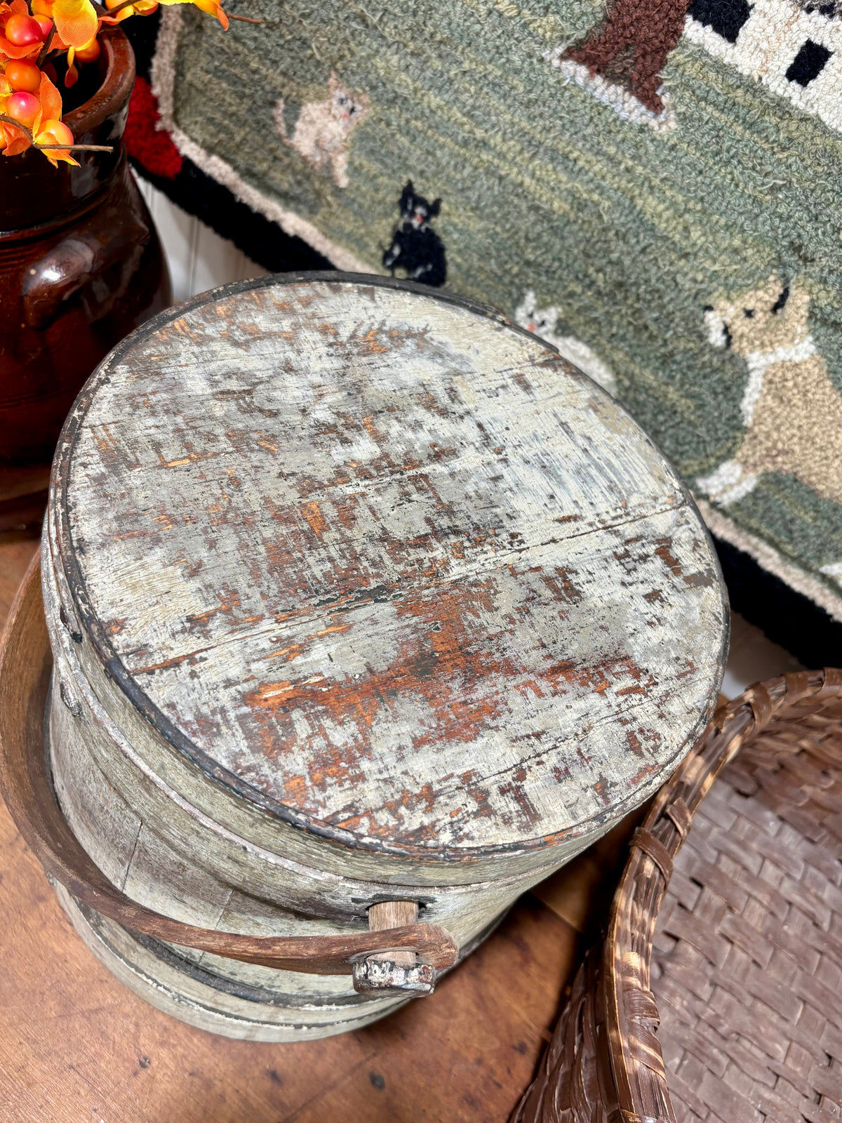 c1870-1880 Antique Firkin in Sage Green Paint