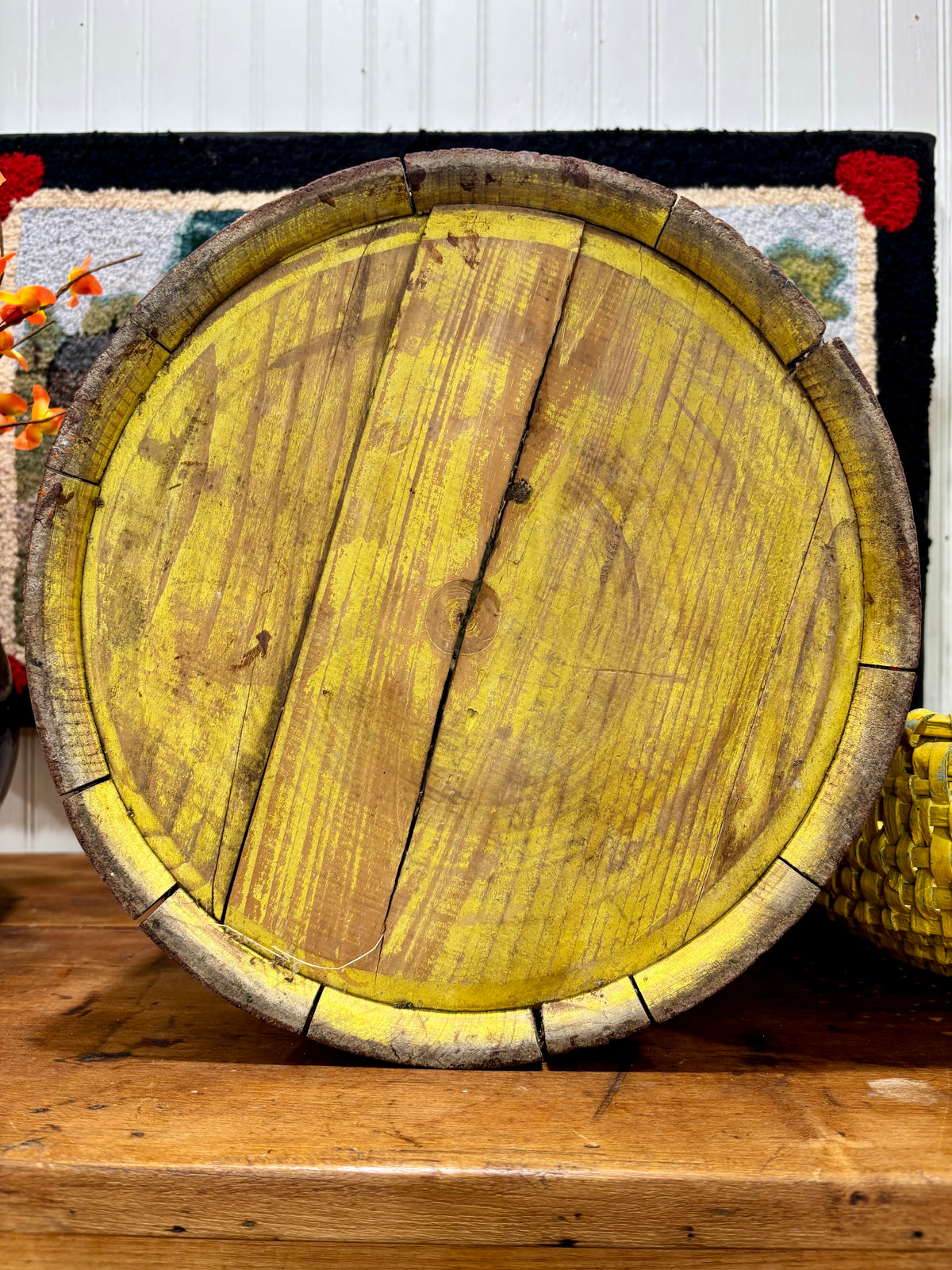 Early American Painted Firkin with Red Wash over Yellow, c1860–1880