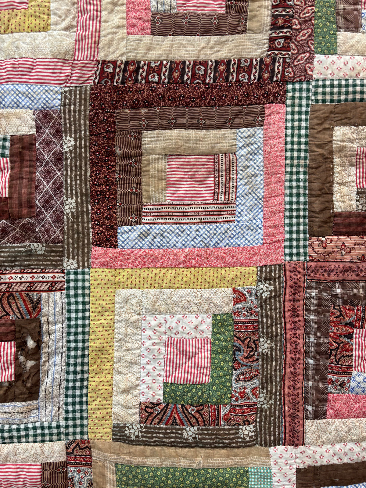 Antique Log Cabin Quilt in Early Calico Prints, c1870–1890