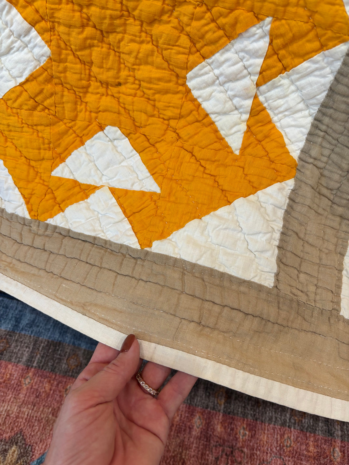 Antique Double T Cheddar Yellow and Taupe Quilt, c1920-1940