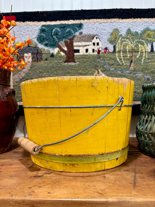 Antique Yellow Painted Wooden Bucket with Bail Handle, c1900–1930