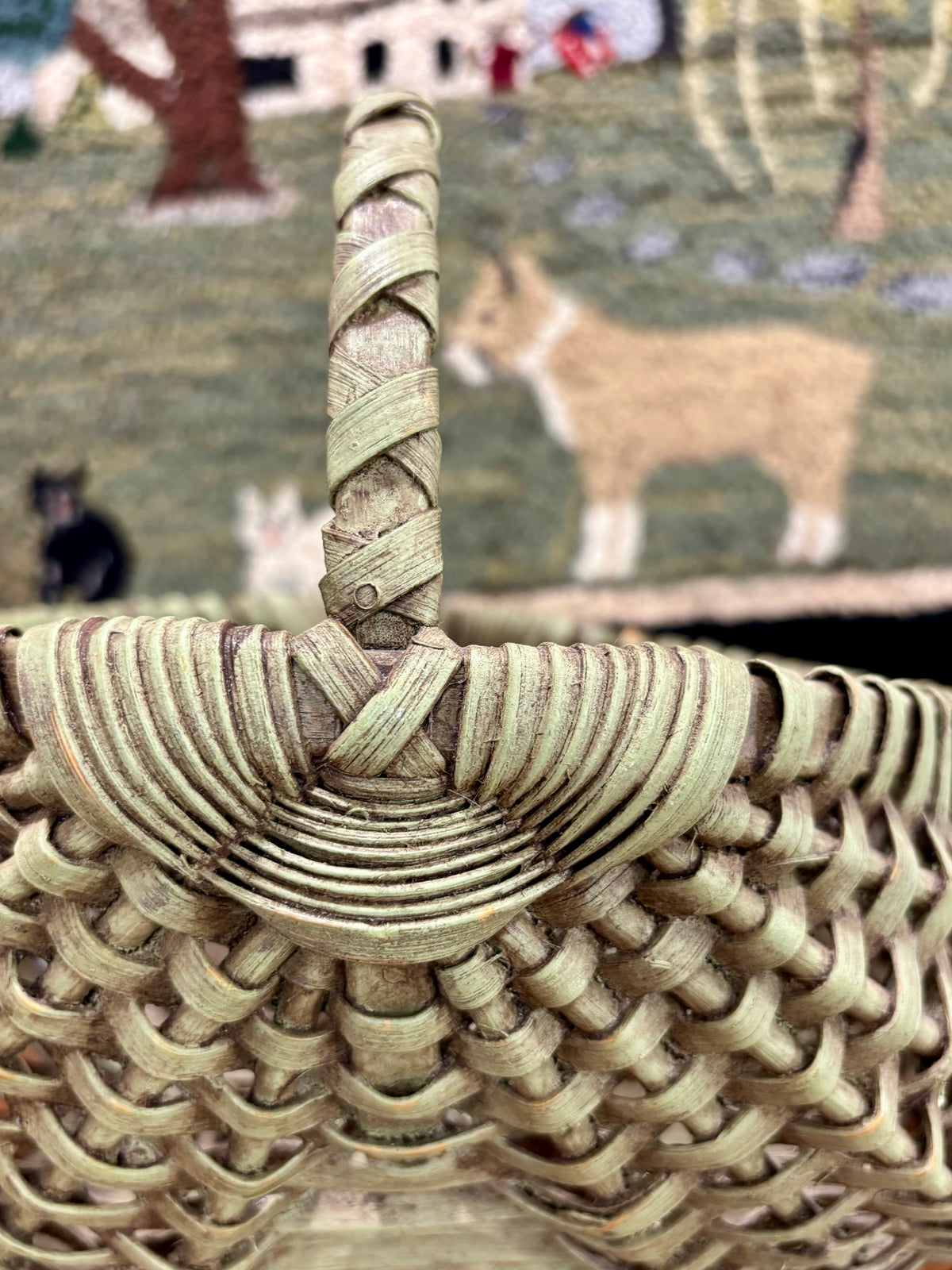 Small Green Painted Splint Basket with Wrapped Handle, c1900–1920