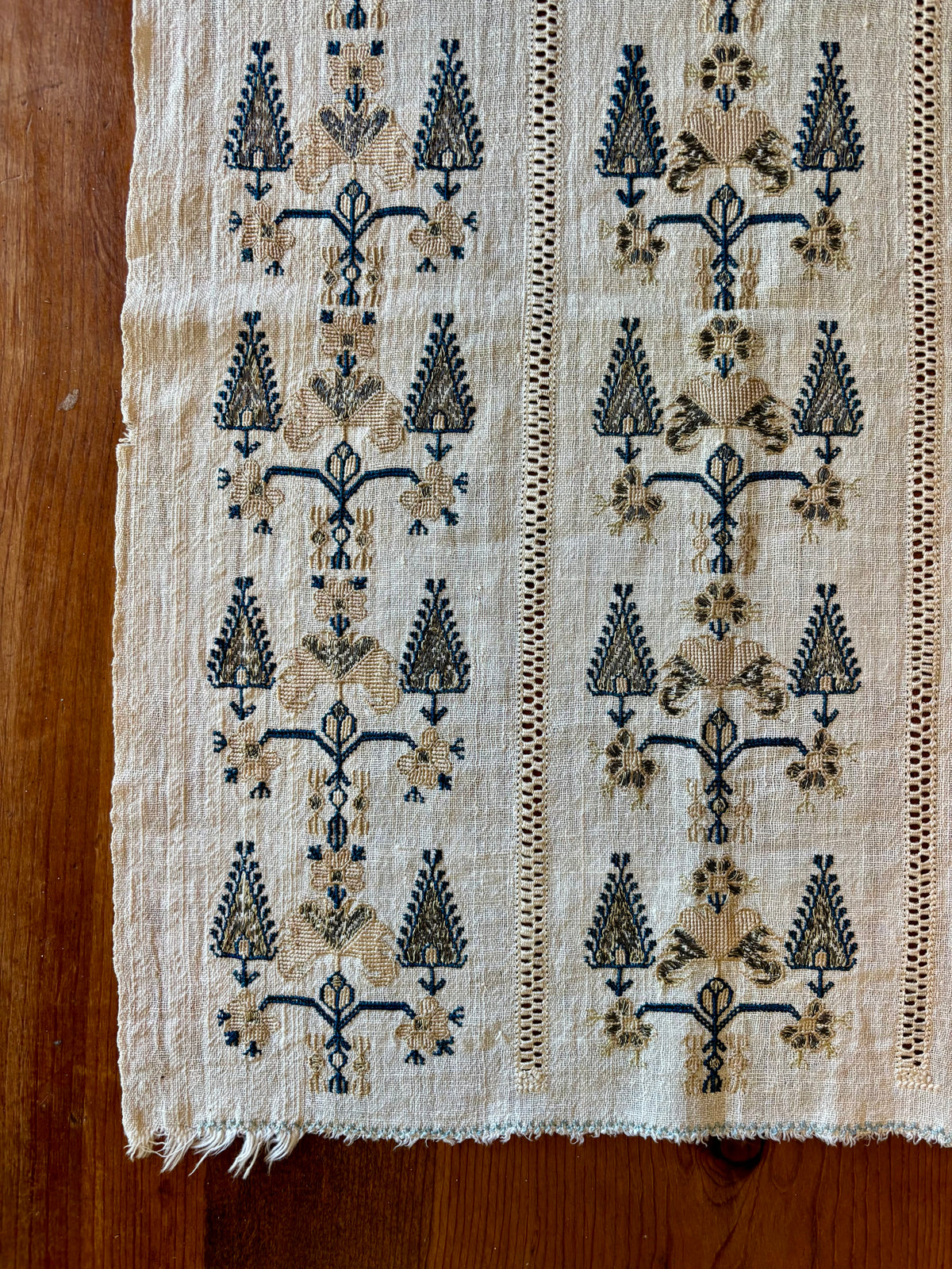 Vintage Embroidered Linen Table Runner, 47” × 18”