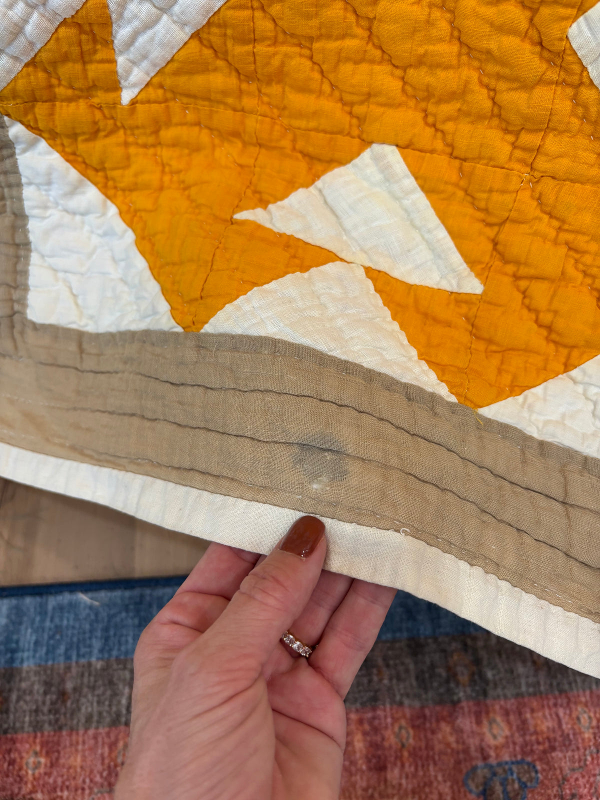 Antique Double T Cheddar Yellow and Taupe Quilt, c1920-1940