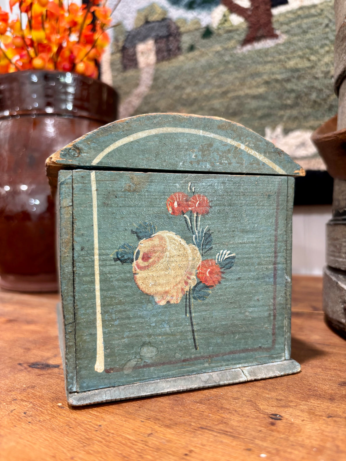 Early Blue Painted Dome-Top Box with Floral Decoration, c1840–1870
