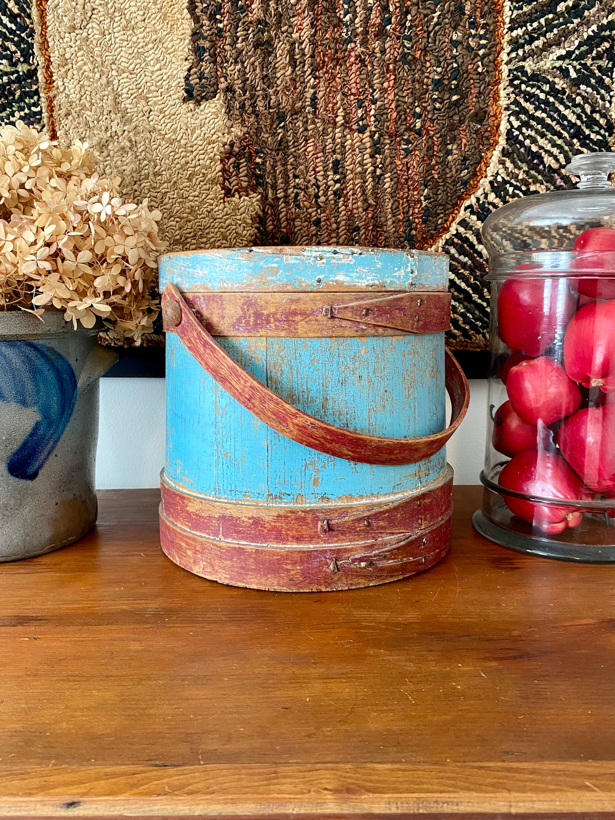 c1880s Antique Sugar Bucket Firkin in Original Red, Blue and White Paint