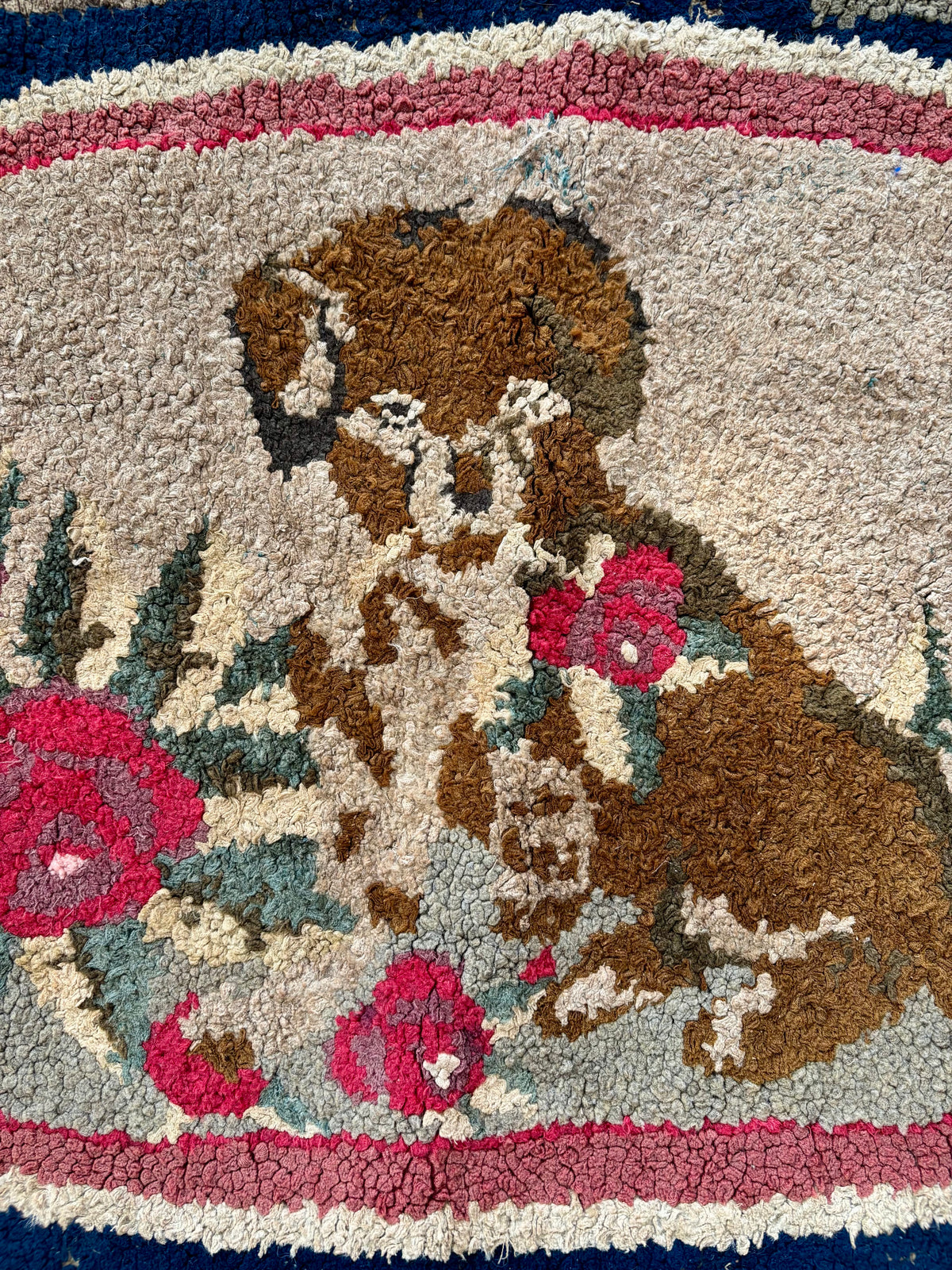 Vintage Hooked Rug with Dog and Roses, c1920–1940