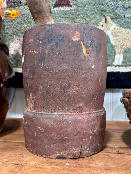 Late 1800s Antique Wooden Mortar & Pestle in Original Red Paint