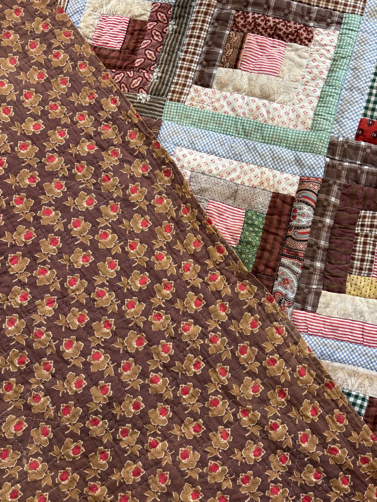 Antique Log Cabin Quilt in Early Calico Prints, c1870–1890