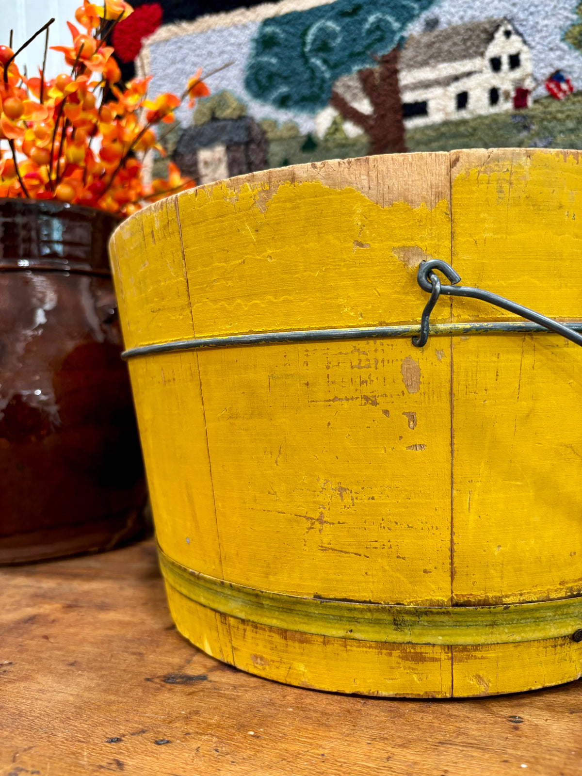 Antique Yellow Painted Wooden Bucket with Bail Handle, c1900–1930
