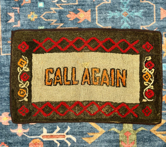 Vintage Hand-Hooked “Call Again” Welcome Rug, c1930–1950