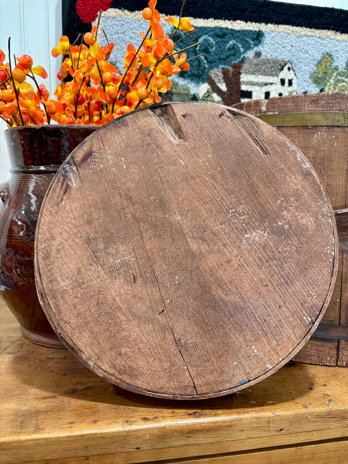 Early American Painted Firkin with Red Wash over Yellow, c1860–1880