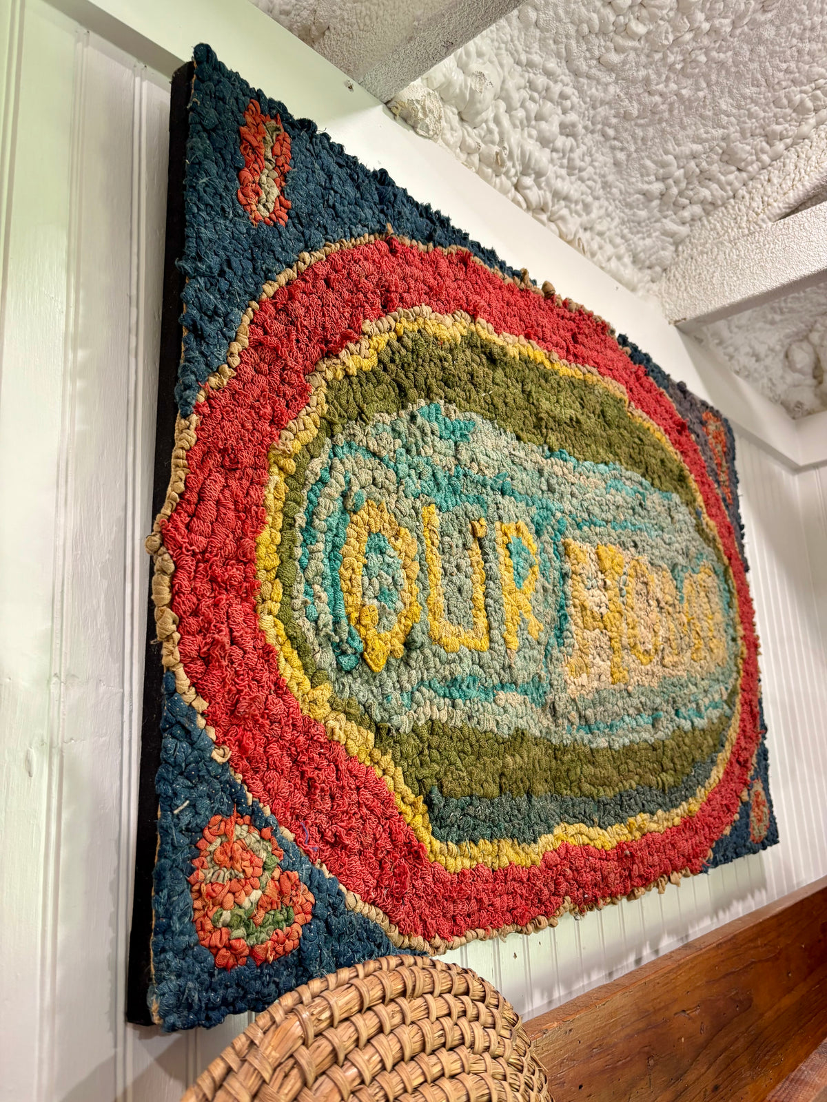 c1920s–1940s “Our Home” Mounted Vintage Hand Hooked Rug - 34 1/2” × 22 1/2”