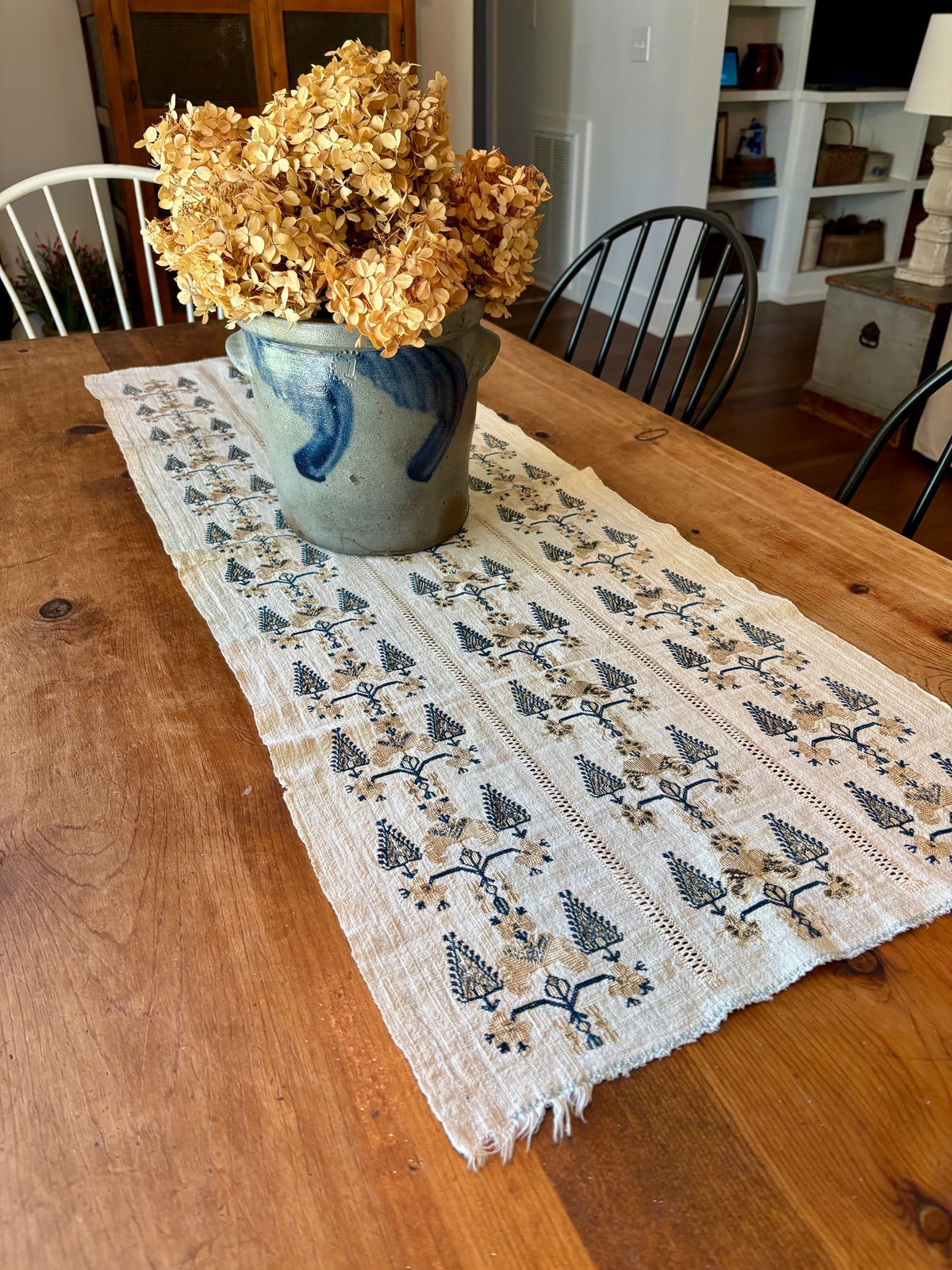 Vintage Embroidered Linen Table Runner, 47” × 18”