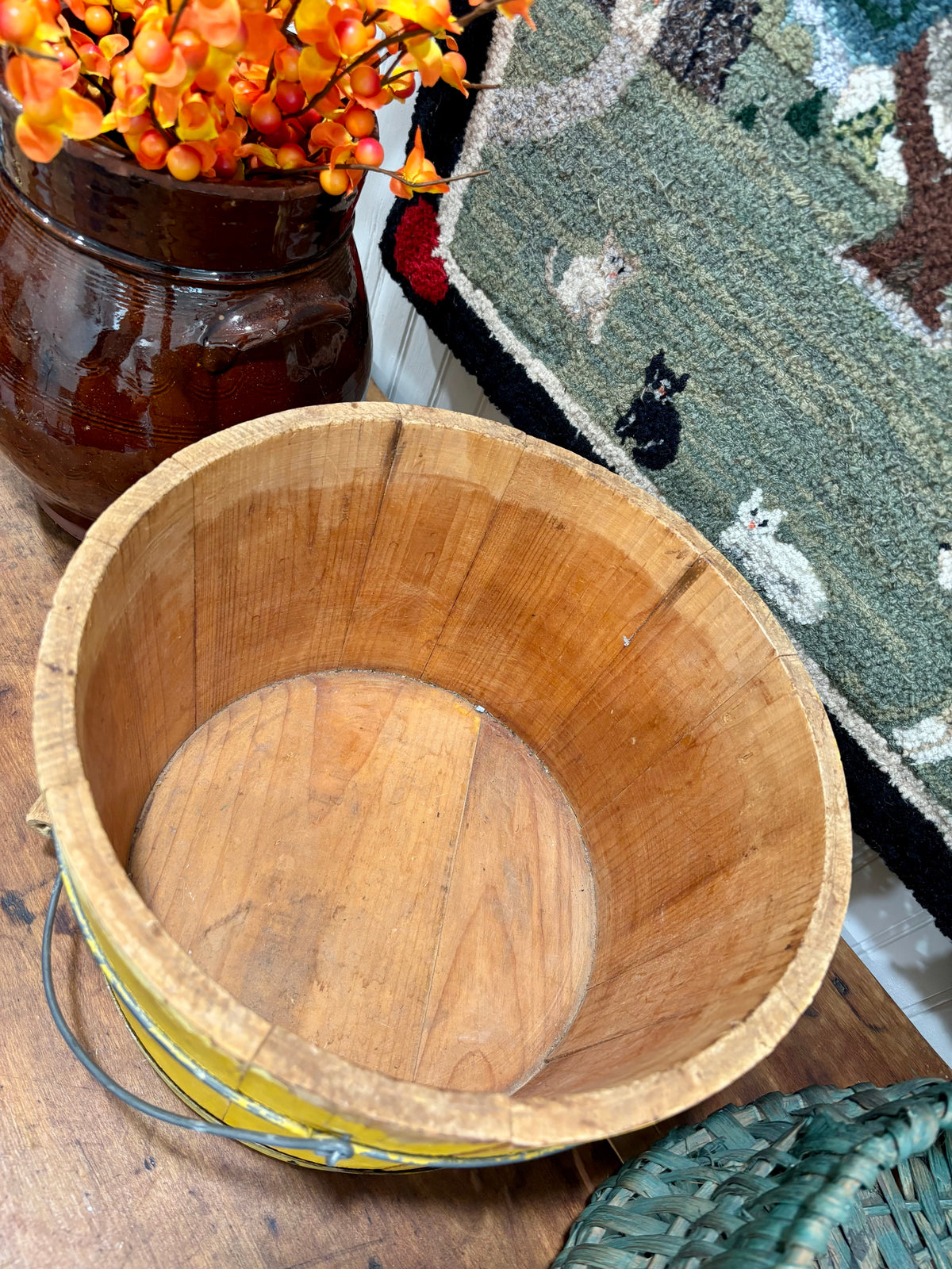 Antique Yellow Painted Wooden Bucket with Bail Handle, c1900–1930