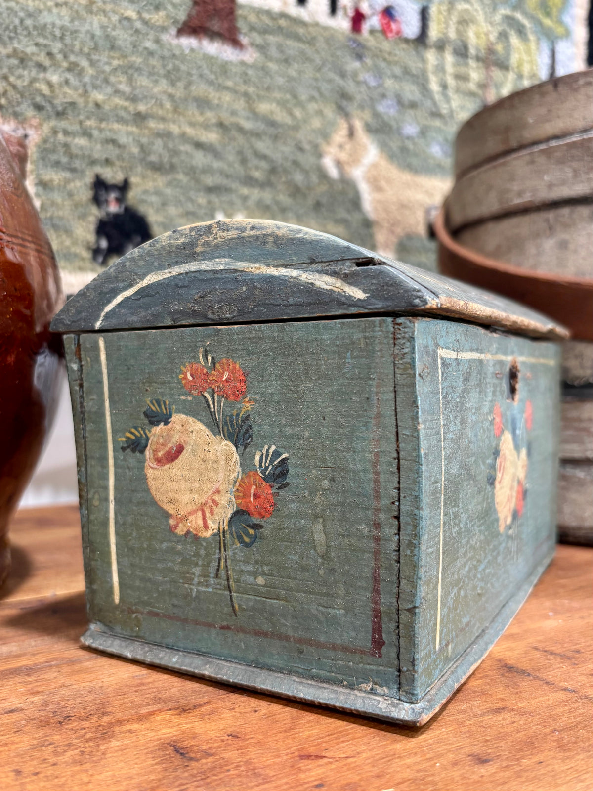 Early Blue Painted Dome-Top Box with Floral Decoration, c1840–1870
