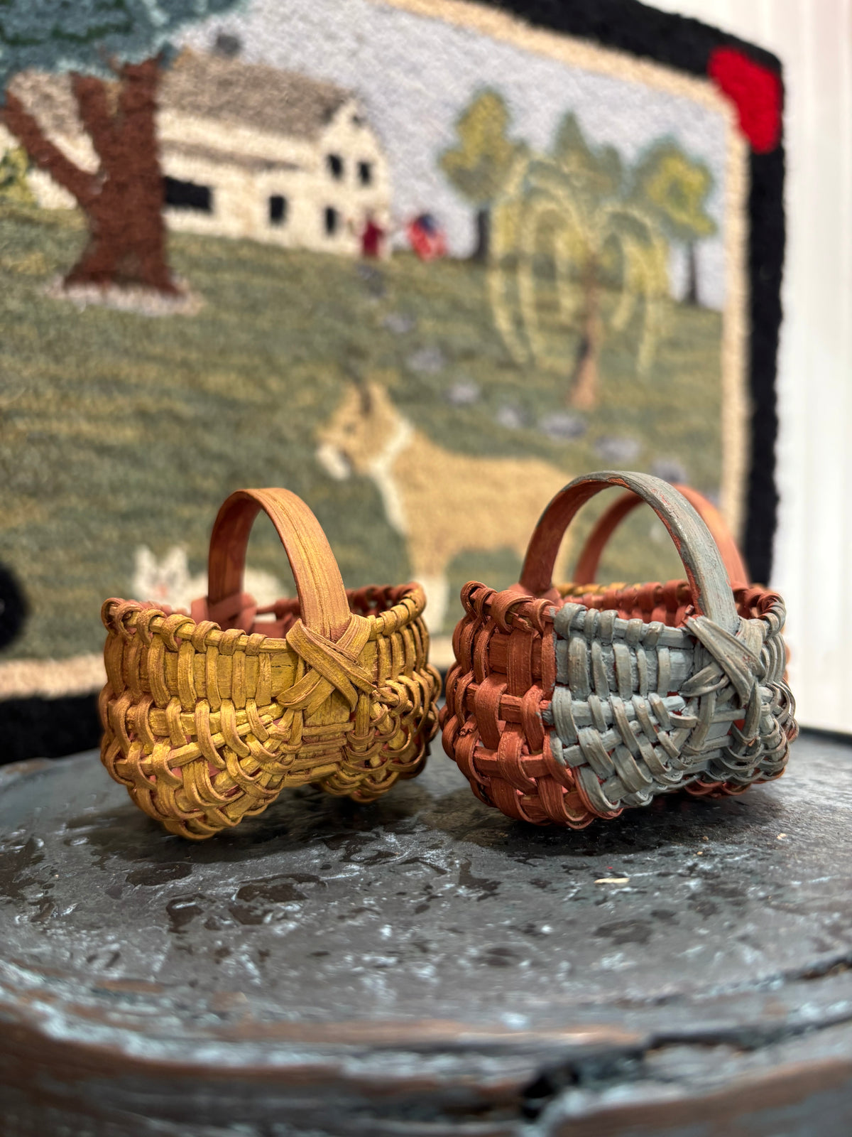 Set of Three Vintage Miniature Handwoven Painted Baskets