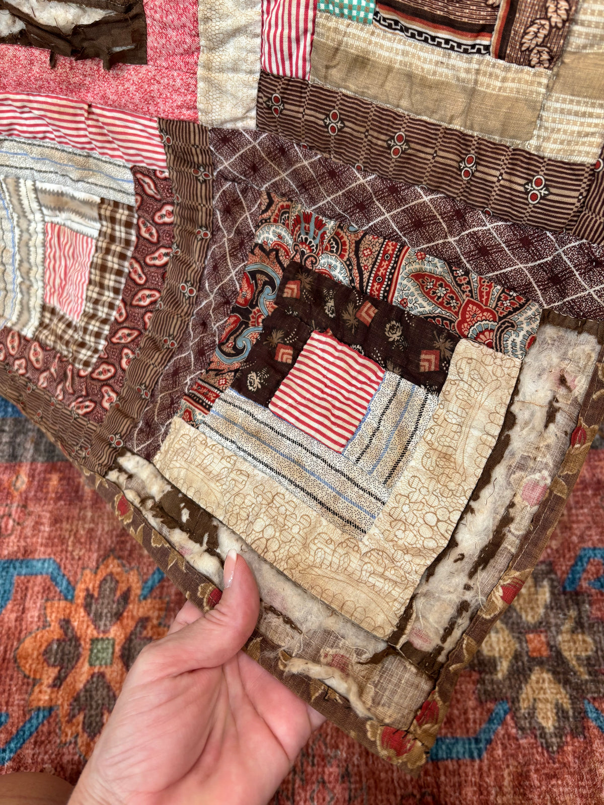 Antique Log Cabin Quilt in Early Calico Prints, c1870–1890
