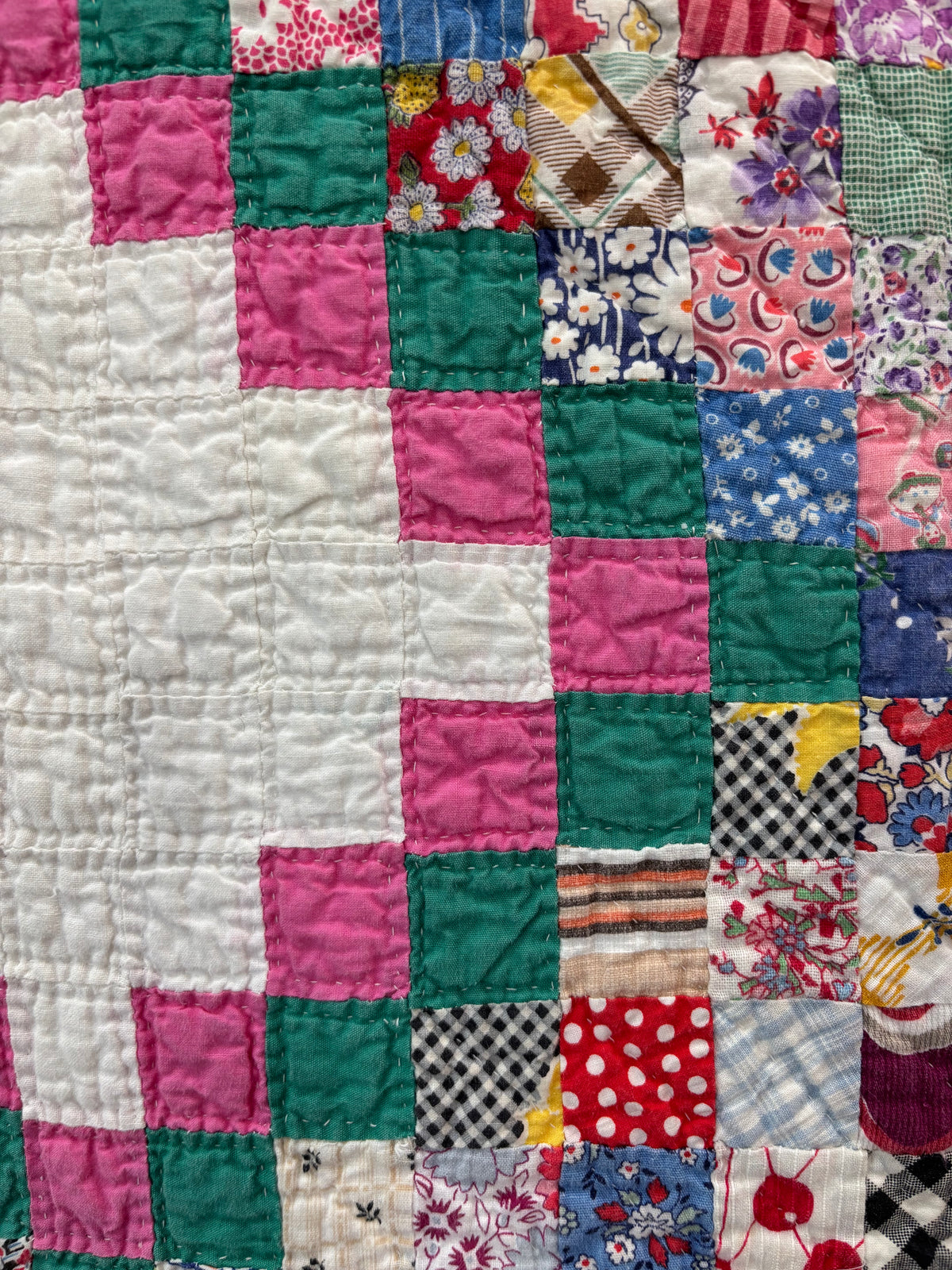 c1930-40s Vintage Postage Stamp Quilt - 71x92”