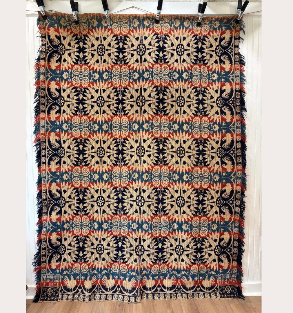 c1850s SIGNED Antique Damask Coverlet, John Bick, Rome, Ohio - Tri-color, Fringe Border, with Eagles