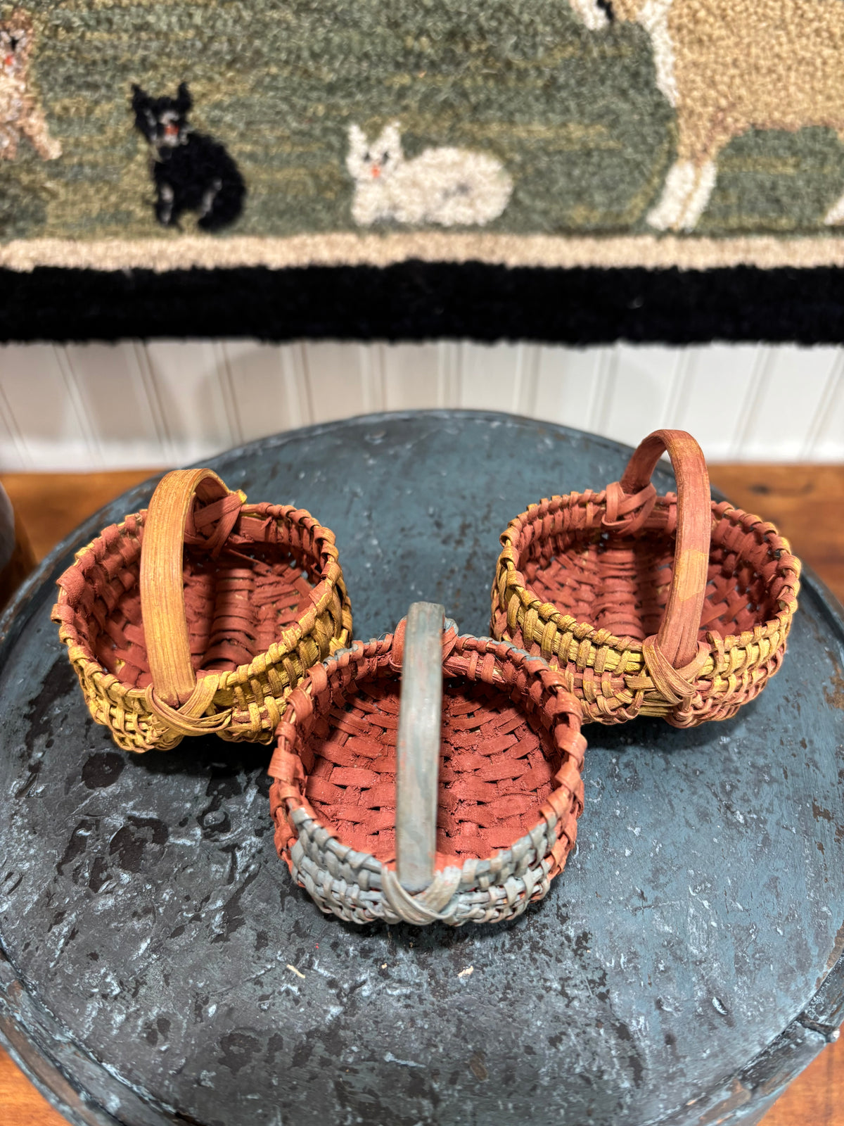 Set of Three Vintage Miniature Handwoven Painted Baskets