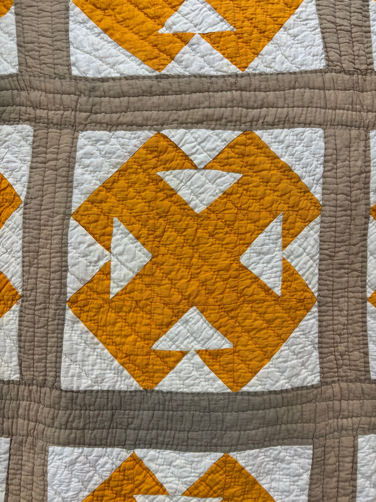 Antique Double T Cheddar Yellow and Taupe Quilt, c1920-1940