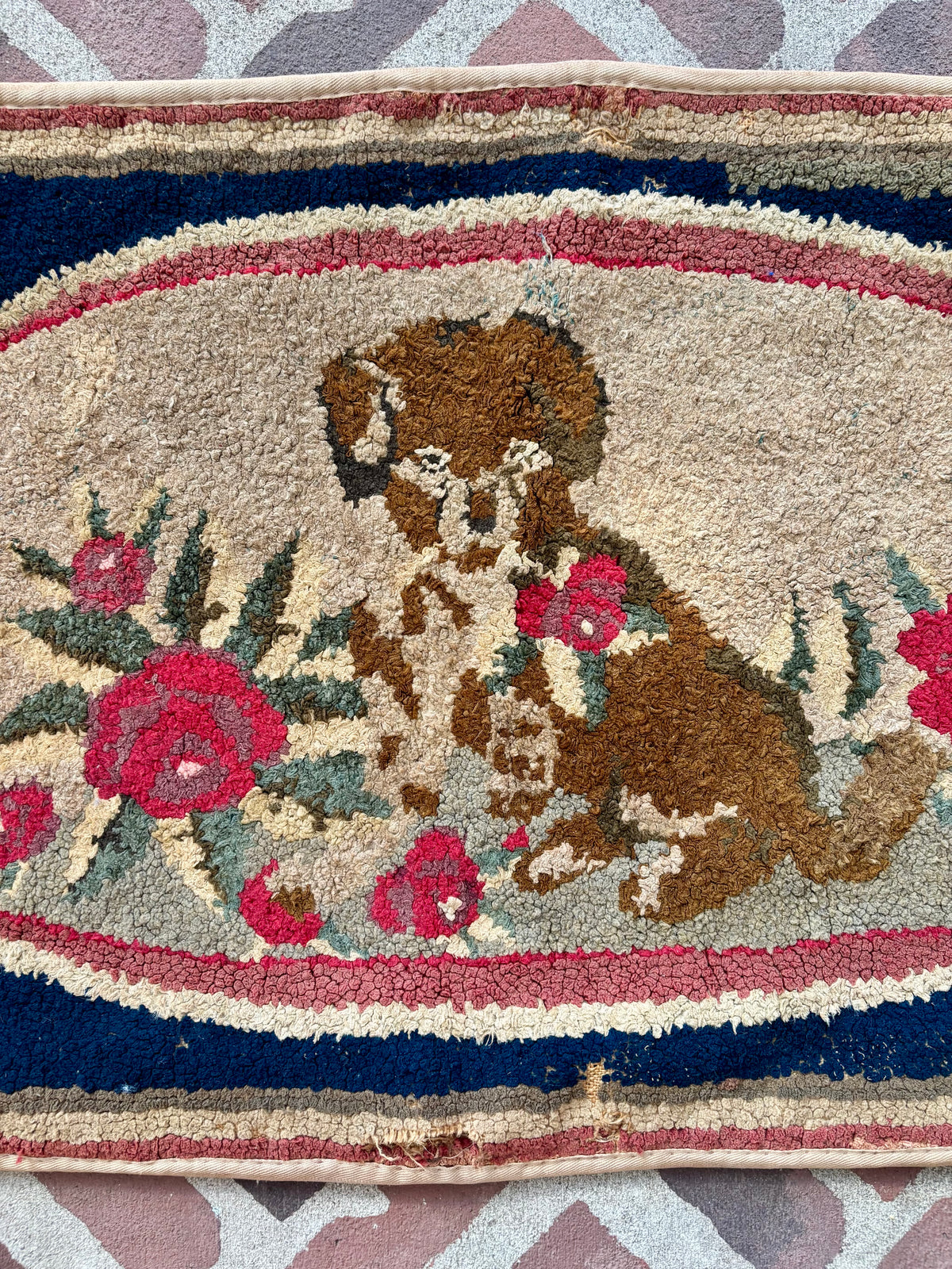 Vintage Hooked Rug with Dog and Roses, c1920–1940