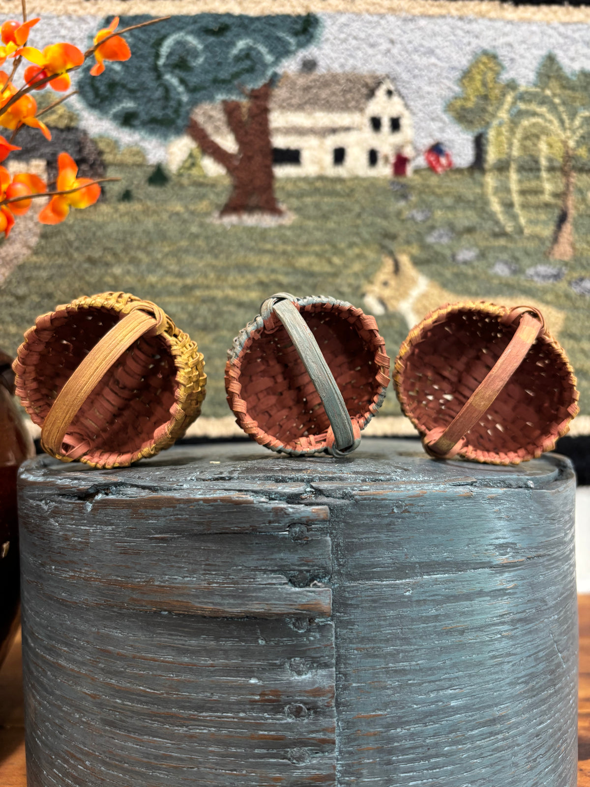 Set of Three Vintage Miniature Handwoven Painted Baskets