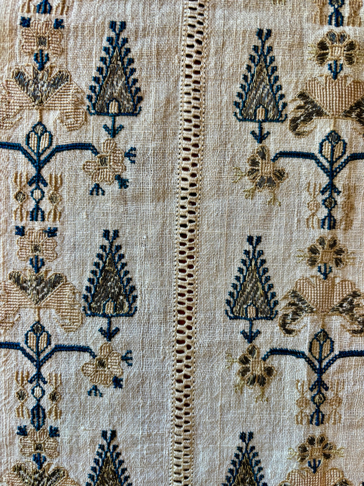 Vintage Embroidered Linen Table Runner, 47” × 18”