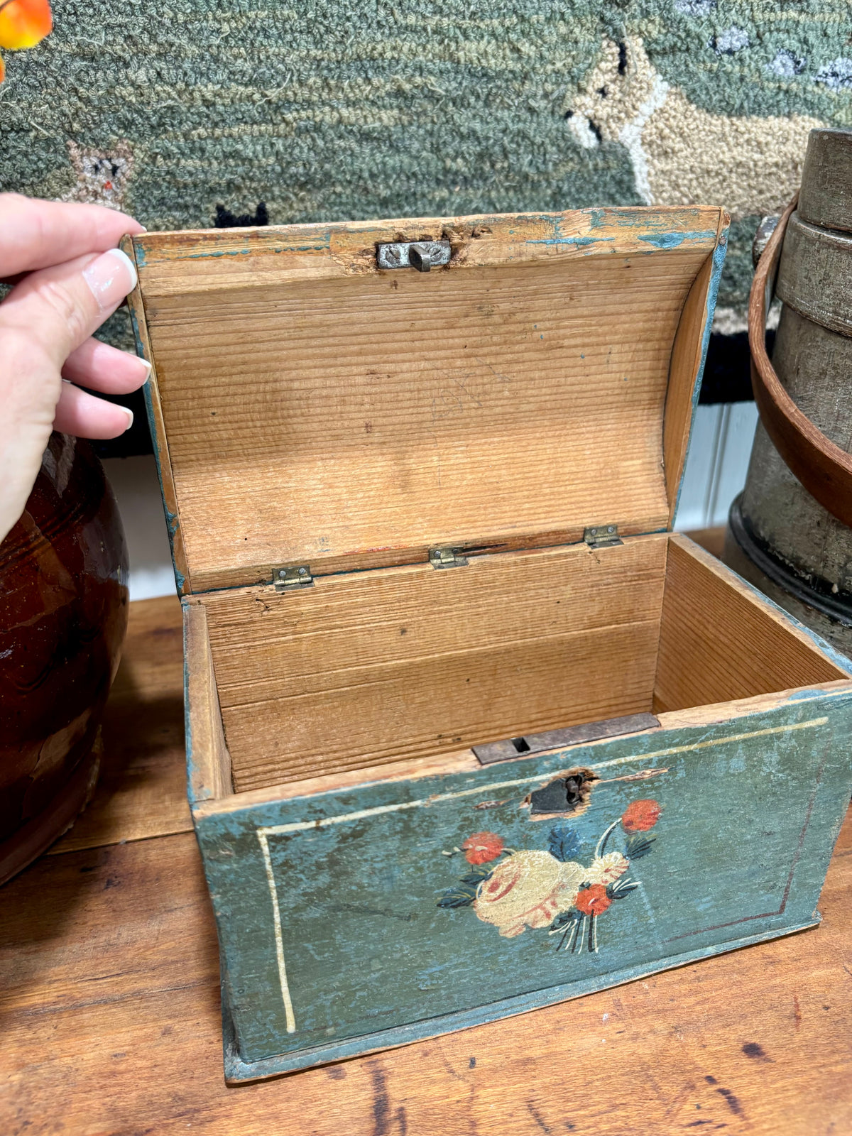 Early Blue Painted Dome-Top Box with Floral Decoration, c1840–1870