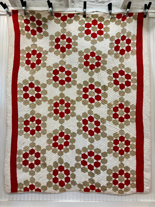 Antique Red & Green Honeycomb Quilt (Grandmother’s Flower Garden Variation), c1880–1910