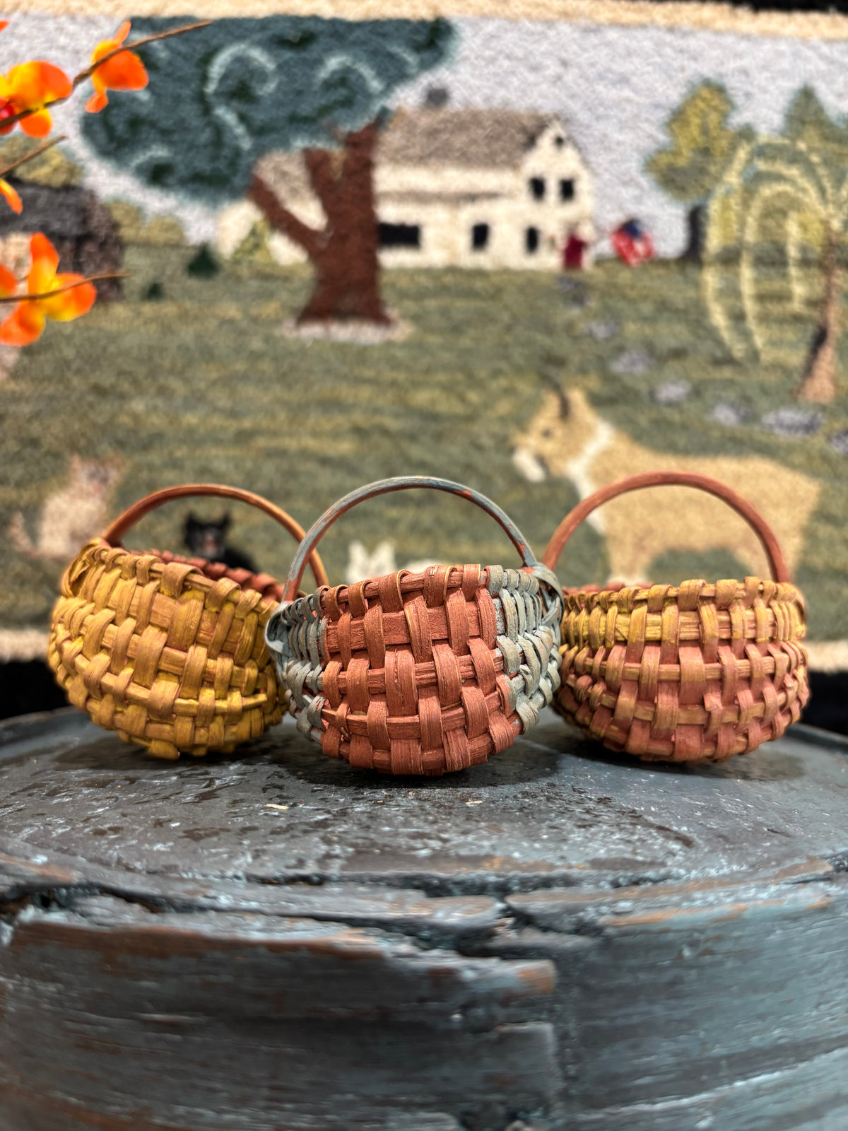 Set of Three Vintage Miniature Handwoven Painted Baskets