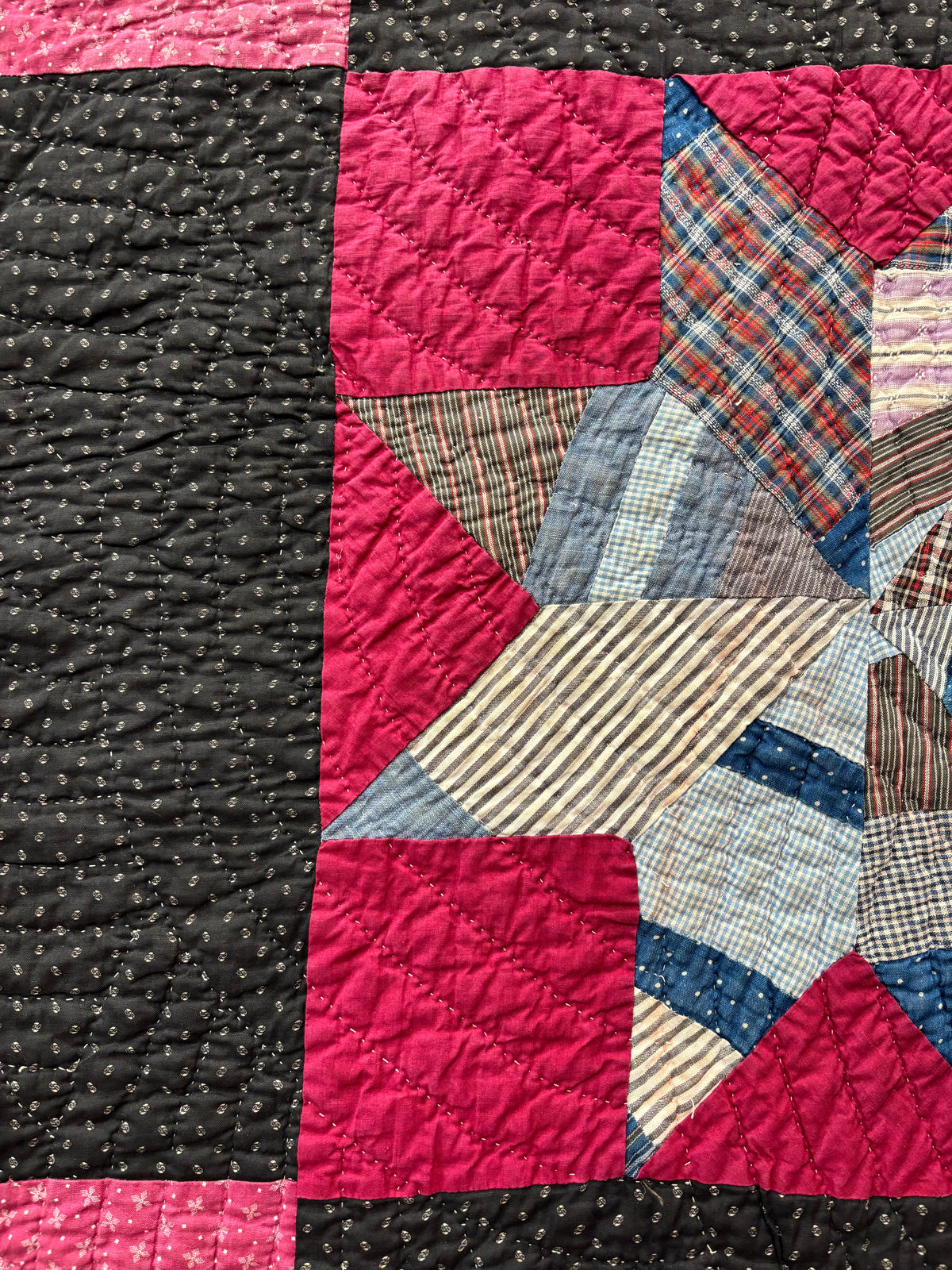 Early 1900s Antique Scrappy Eight-Pointed Star Quilt - 63x83”