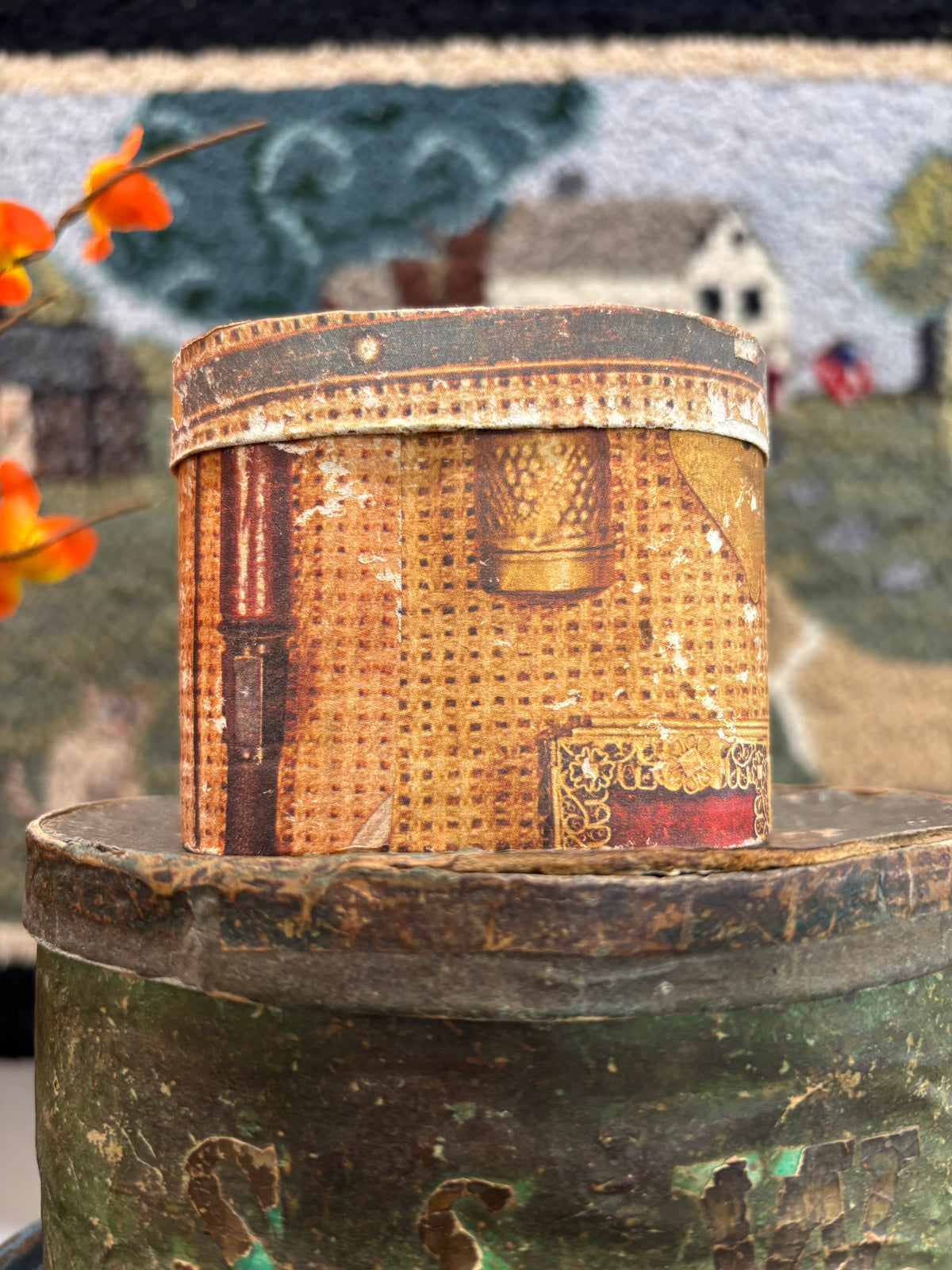 Vintage Miniature Wallpaper-Covered Oval Box