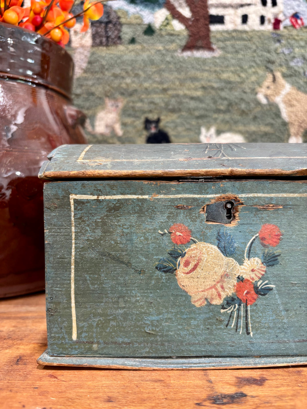 Early Blue Painted Dome-Top Box with Floral Decoration, c1840–1870