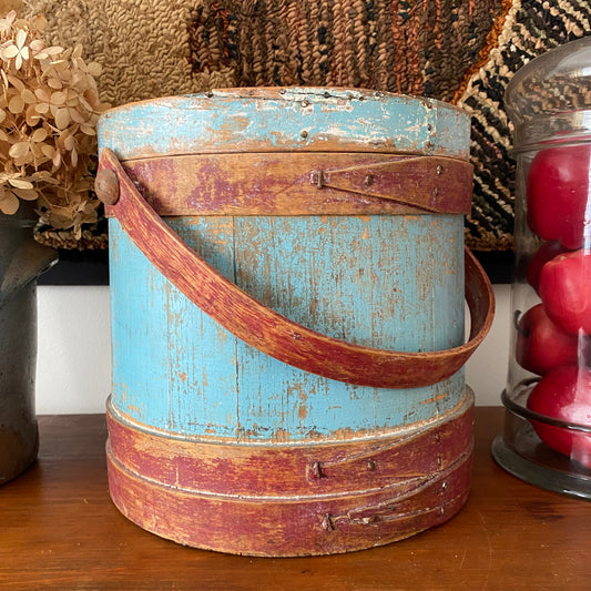 c1880s Antique Sugar Bucket Firkin in Original Red, Blue and White Paint