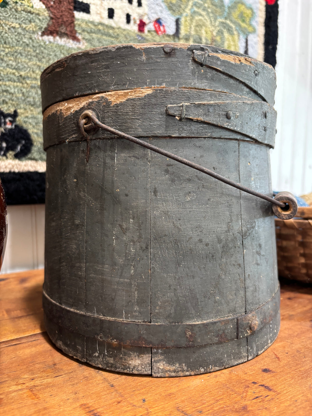 Early Painted Firkin in Blue-Green with Bail Handle, c1860–1880