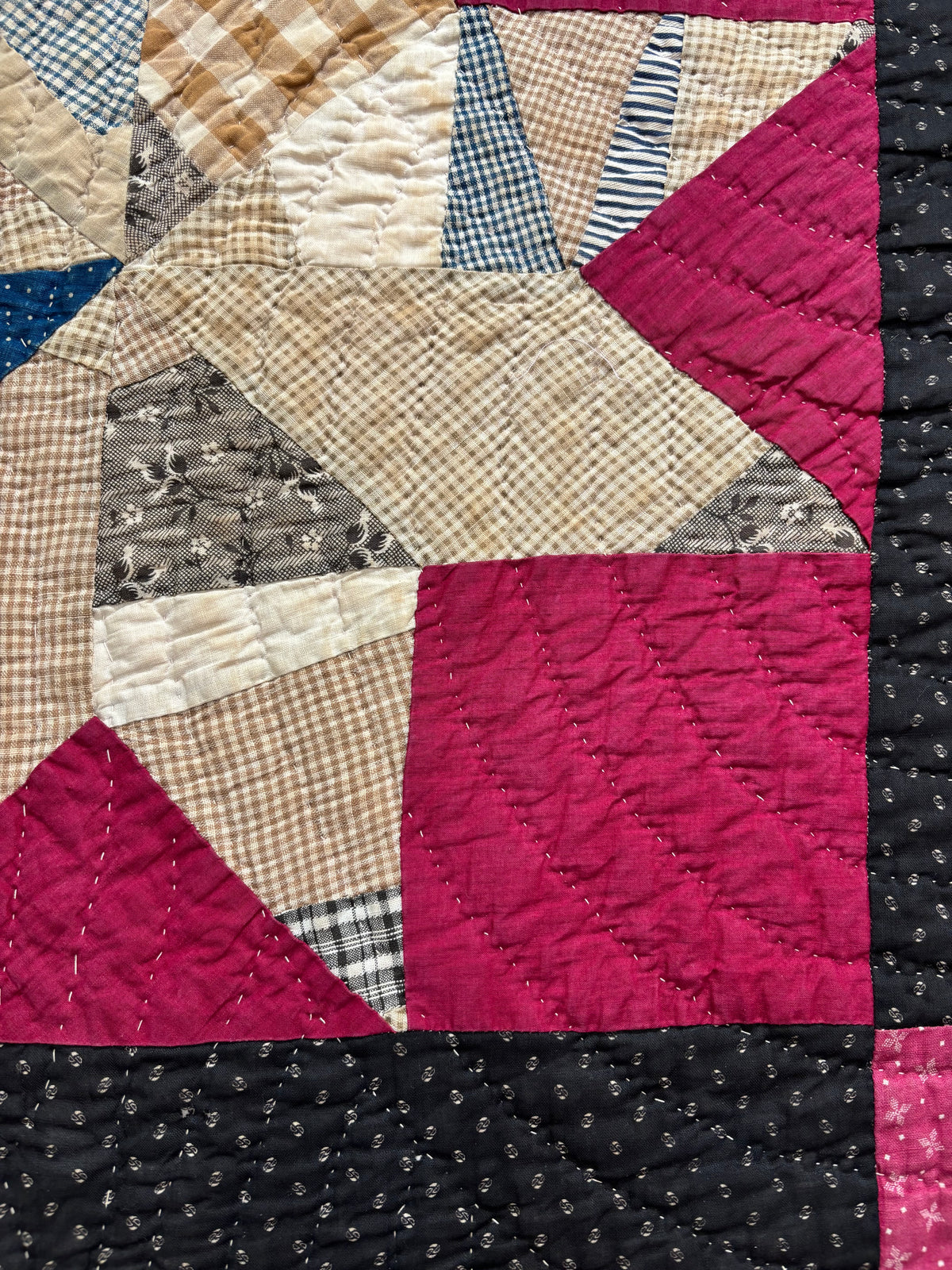 Early 1900s Antique Scrappy Eight-Pointed Star Quilt - 63x83”