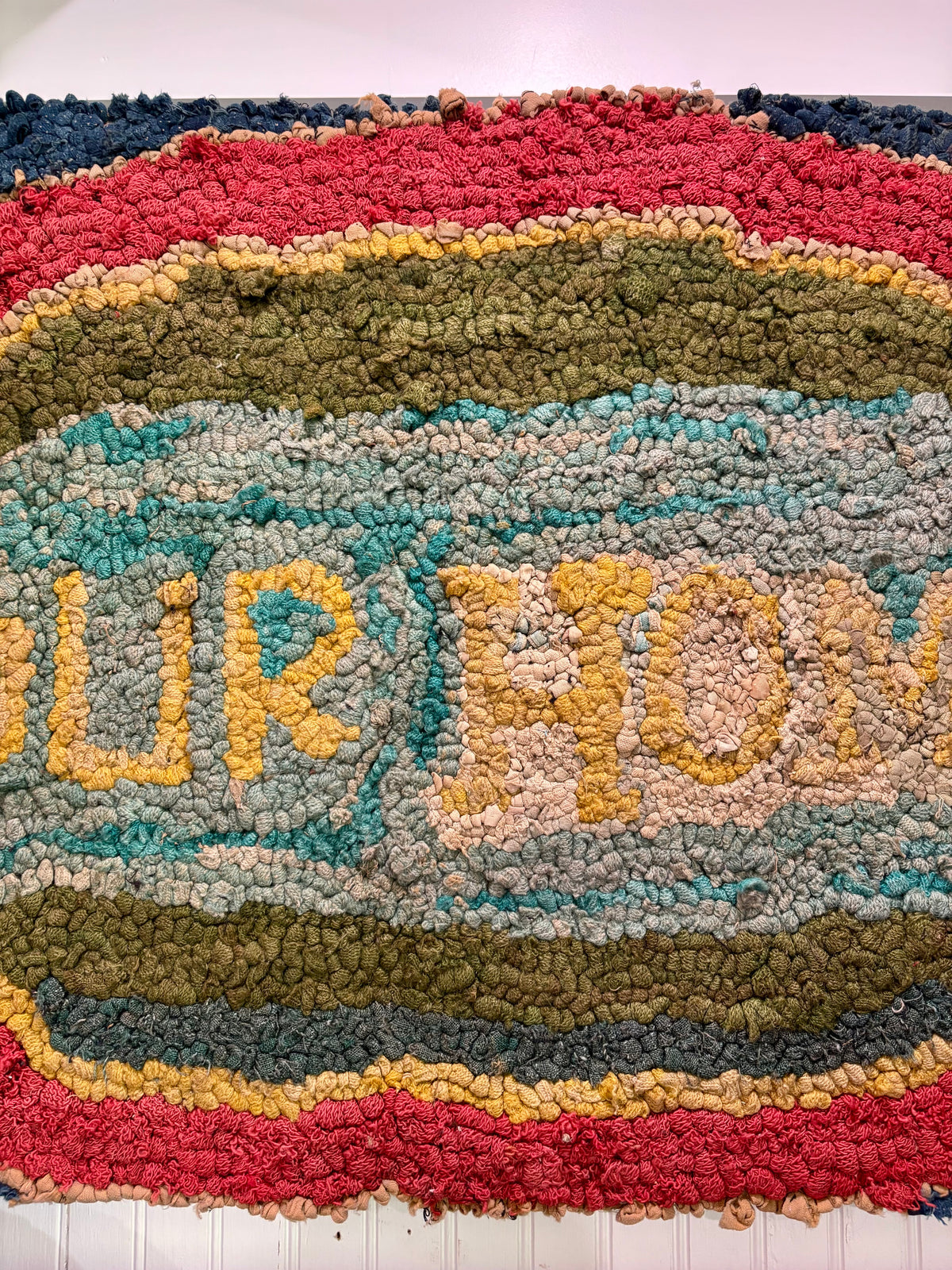 c1920s–1940s “Our Home” Mounted Vintage Hand Hooked Rug - 34 1/2” × 22 1/2”
