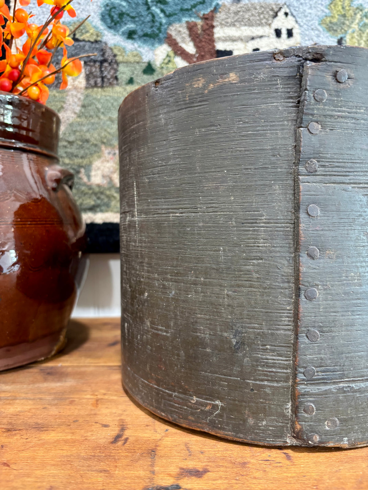 c1880s Antique Wooden Grain Measure in Old Green Paint