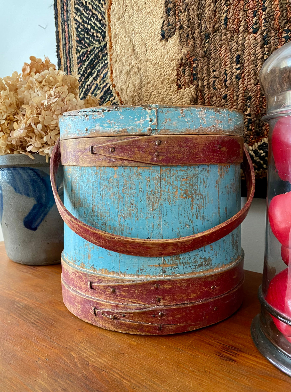c1880s Antique Sugar Bucket Firkin in Original Red, Blue and White Paint