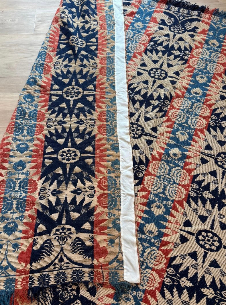c1850s SIGNED Antique Damask Coverlet, John Bick, Rome, Ohio - Tri-color, Fringe Border, with Eagles