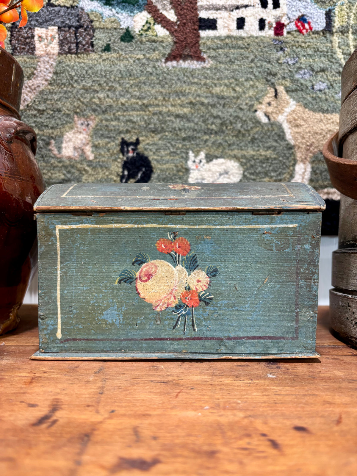 Early Blue Painted Dome-Top Box with Floral Decoration, c1840–1870